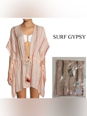 🆕SURF GYPSY - M - NWT - CORAL / PINK WEAVE SWIM KAFTAN / BEACH COVER UP TUNIC
